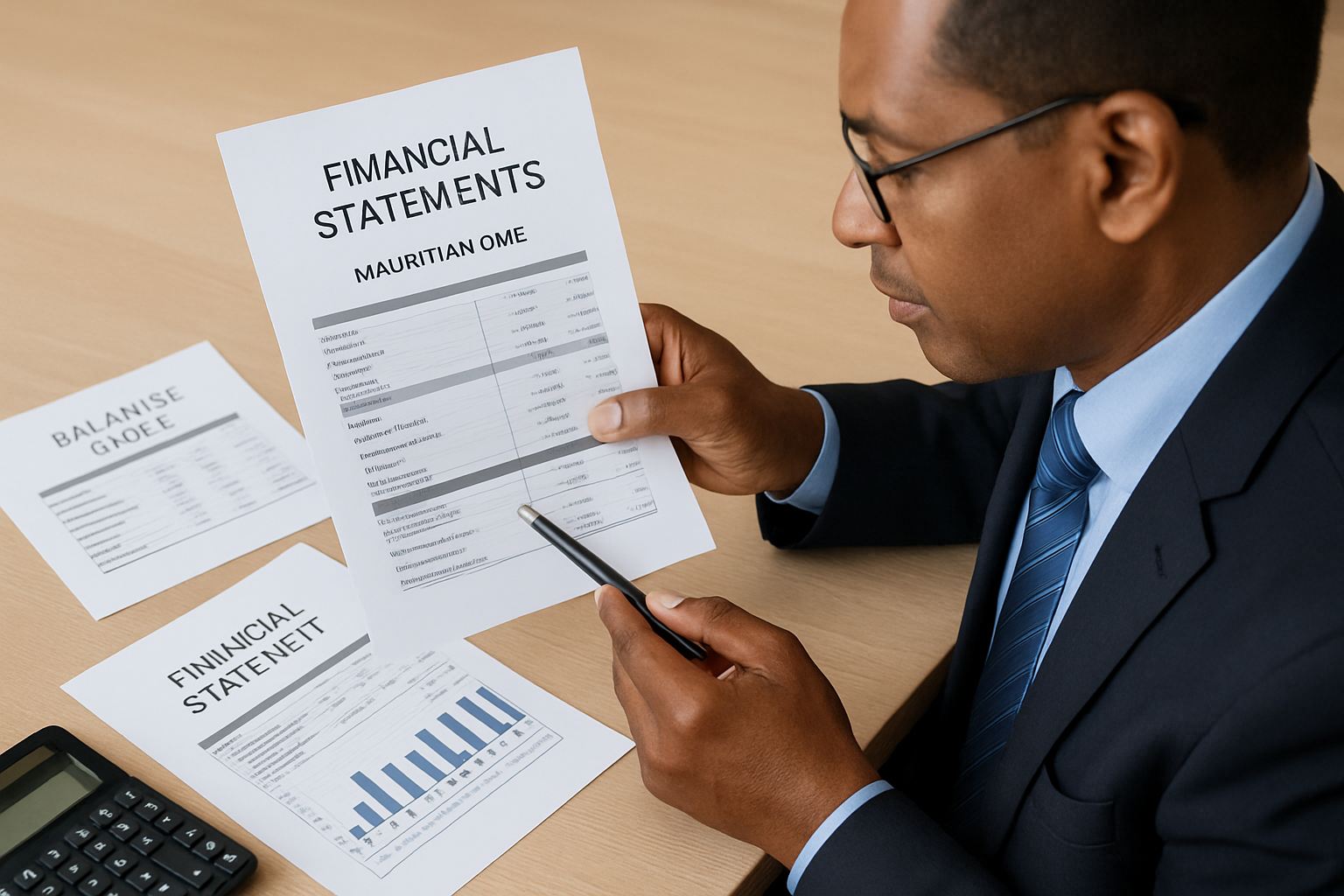 Professional accountant analyzing financial statements for a Mauritian SME