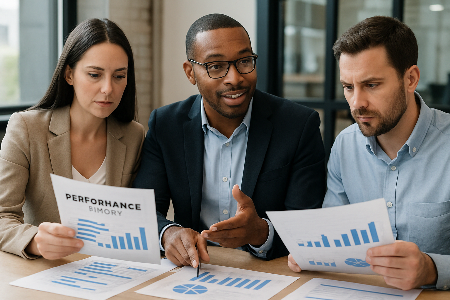 Business owners reviewing performance reports with an advisor